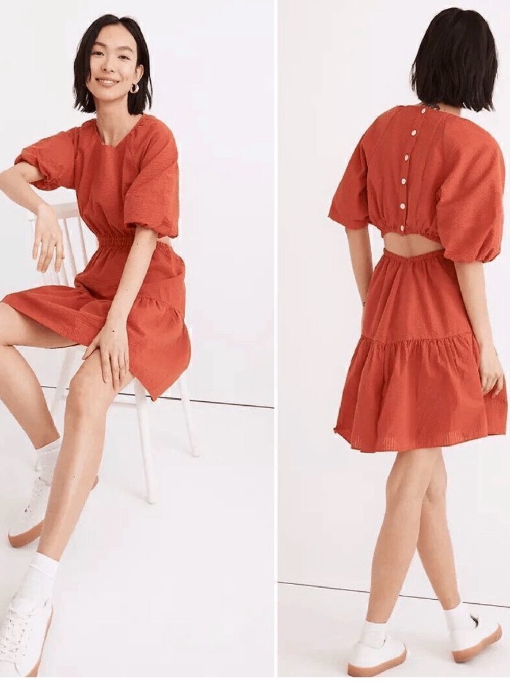 Madewell Seersucker Puff sleeve Cutout Dress